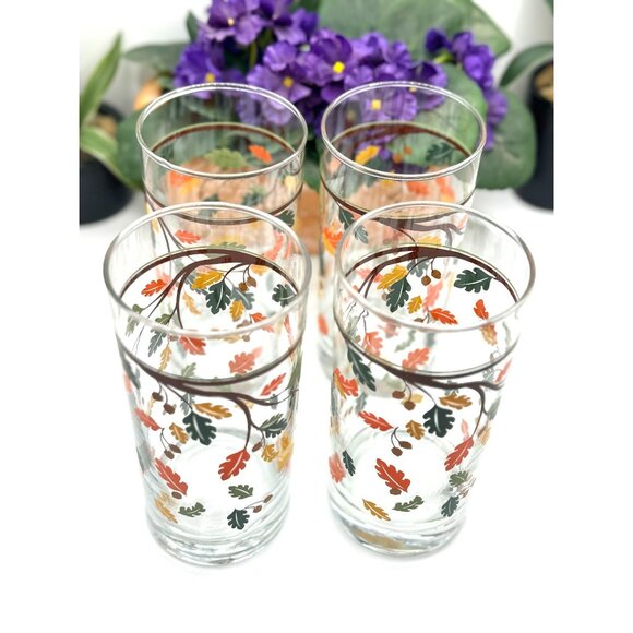 Set Of 4 Vintage Crisa by Libbey Tumblers Glasses Fall Autumn Leaves - Picture 8 of 8